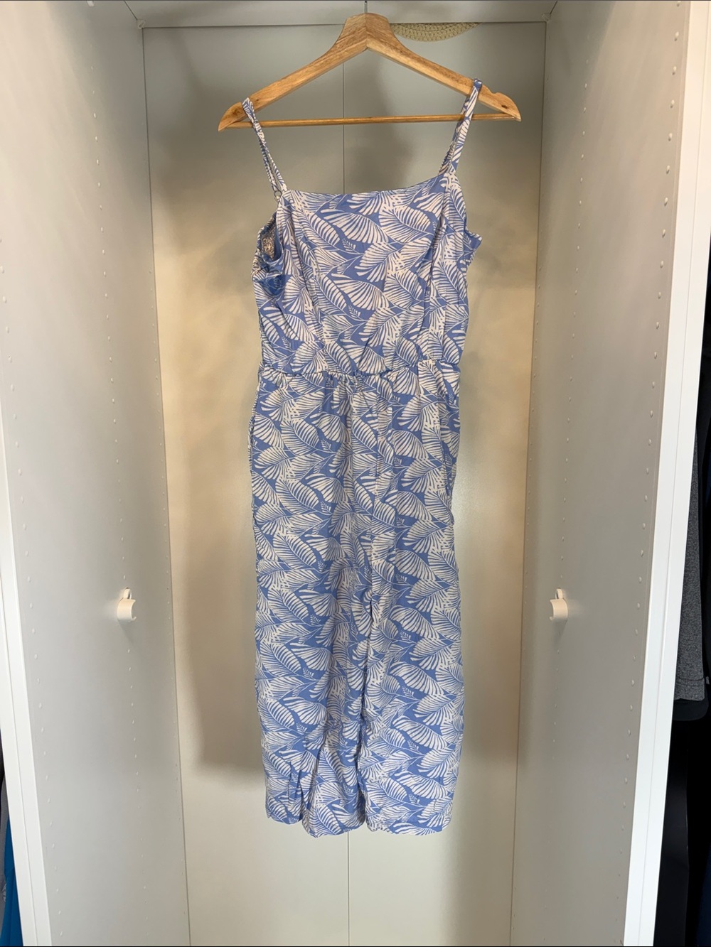 As U Wish Blue and White Leaf-Print Spaghetti Strap Jumpsuit